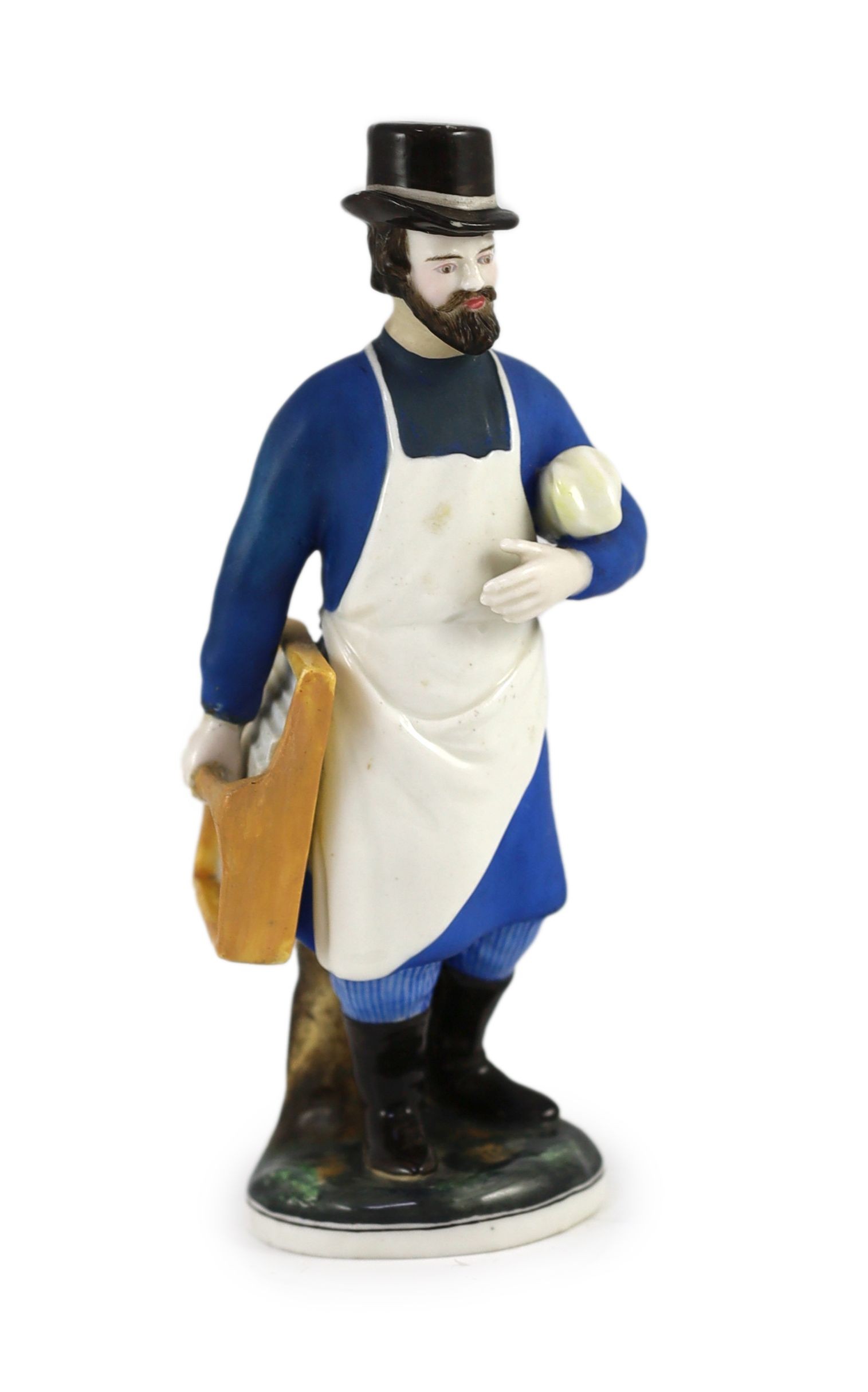 A Russian porcelain figure of a glazier, Gardner Manufactory, Verbilki, c.1830, 18.5 cm high, restoration